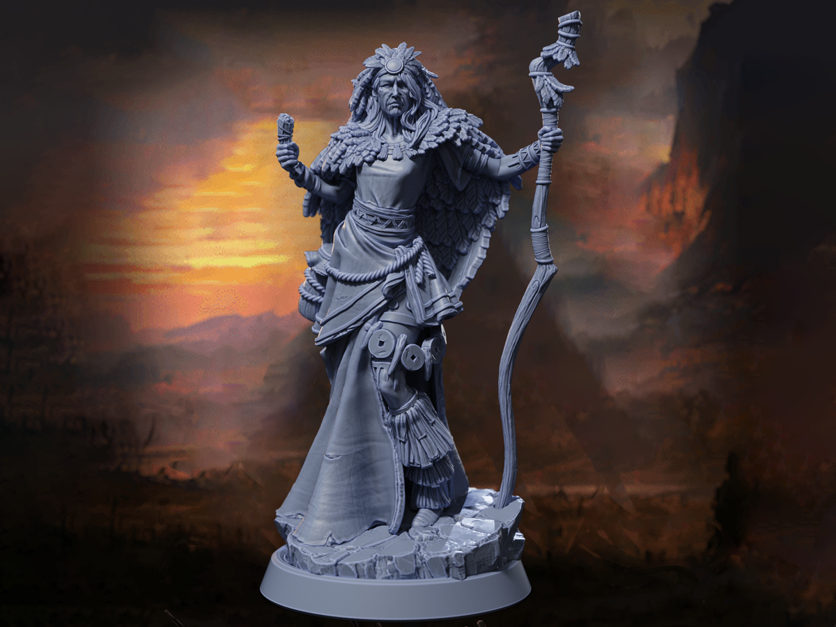 Feathered Shaman Staff Miniature | Nyaleth 'Ashlander', Blood Upon The Ashlands | 32mm & 75mm Resin for DnD, Pathfinder