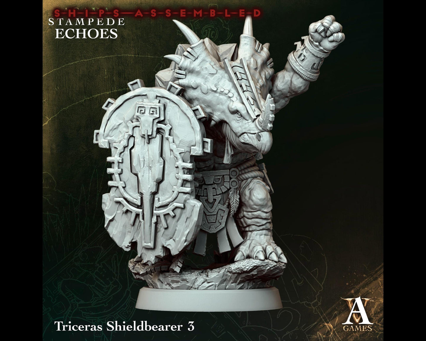 Triceras Shieldbearer 3 - Stampede Echoes - Highly Detailed Resin 8k 3D Printed Miniature