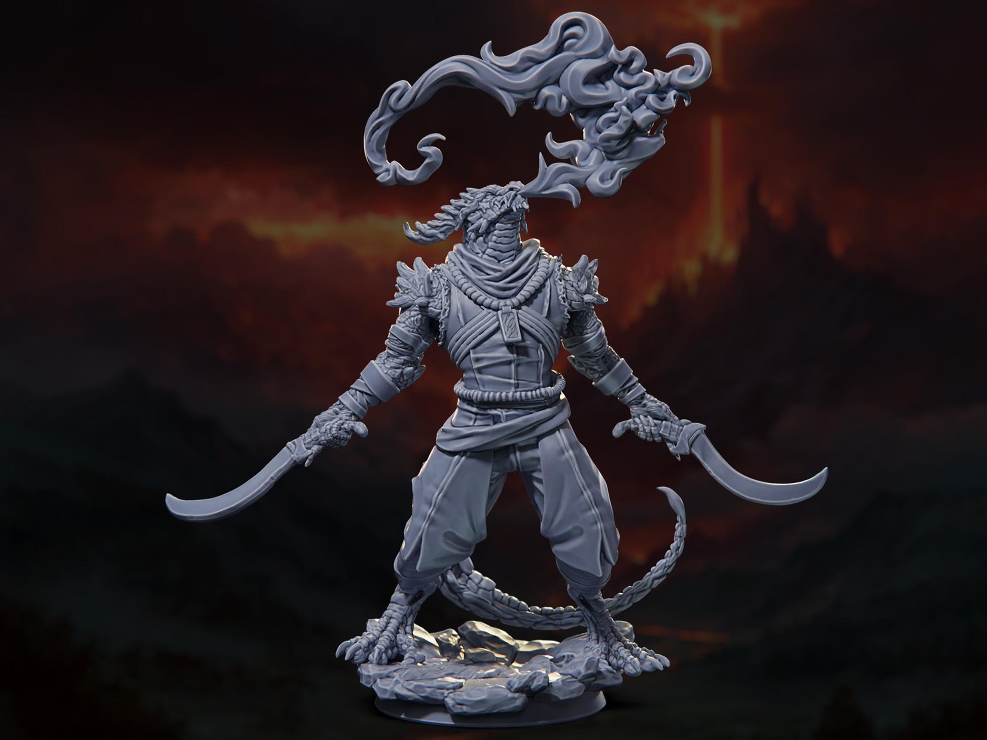 Ghramodar, The Firebender - Dragonborn Monk/Rogue/Fighter - The Conflagration - Highly Detailed Resin 8k 3D Printed Miniature