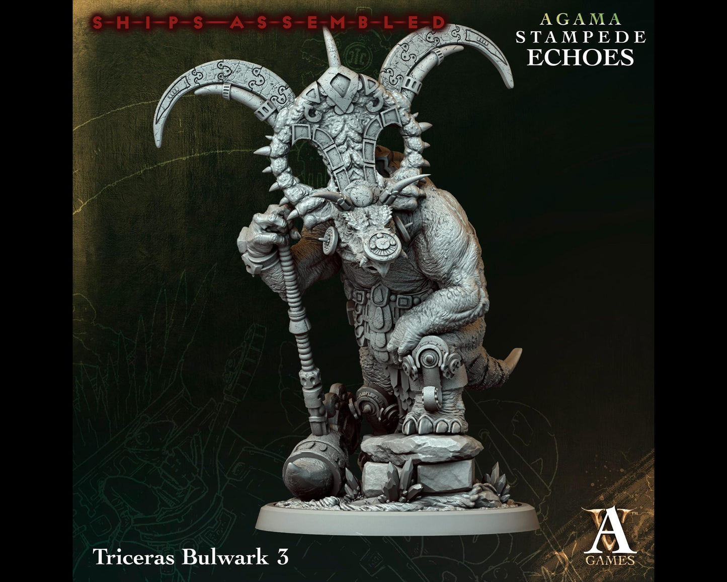 Triceras Bulwark 3 - Stampede Echoes - Highly Detailed Resin 8k 3D Printed Miniature